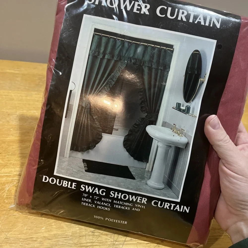 Vtg Maroon Red Double Swag Shower Curtain Set NOS 80s 90s Cottagecore Tieback‎